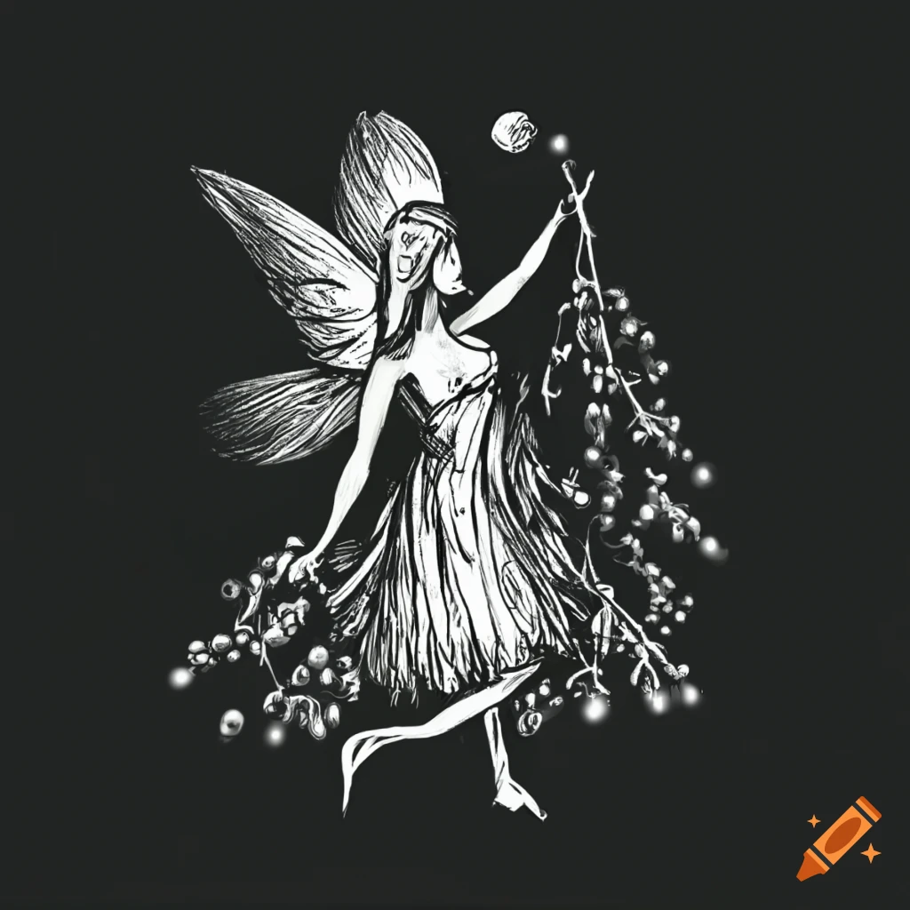 sketch of a fairy gathering juniper berries for gin logo