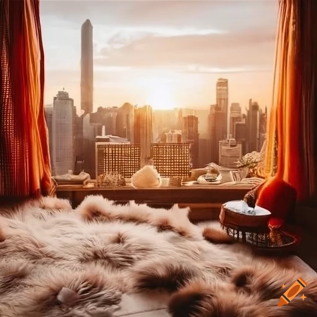 cozy bohemian bedroom with city skyline sunset view