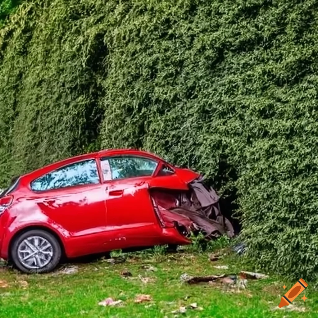 Red car crashing through a fence