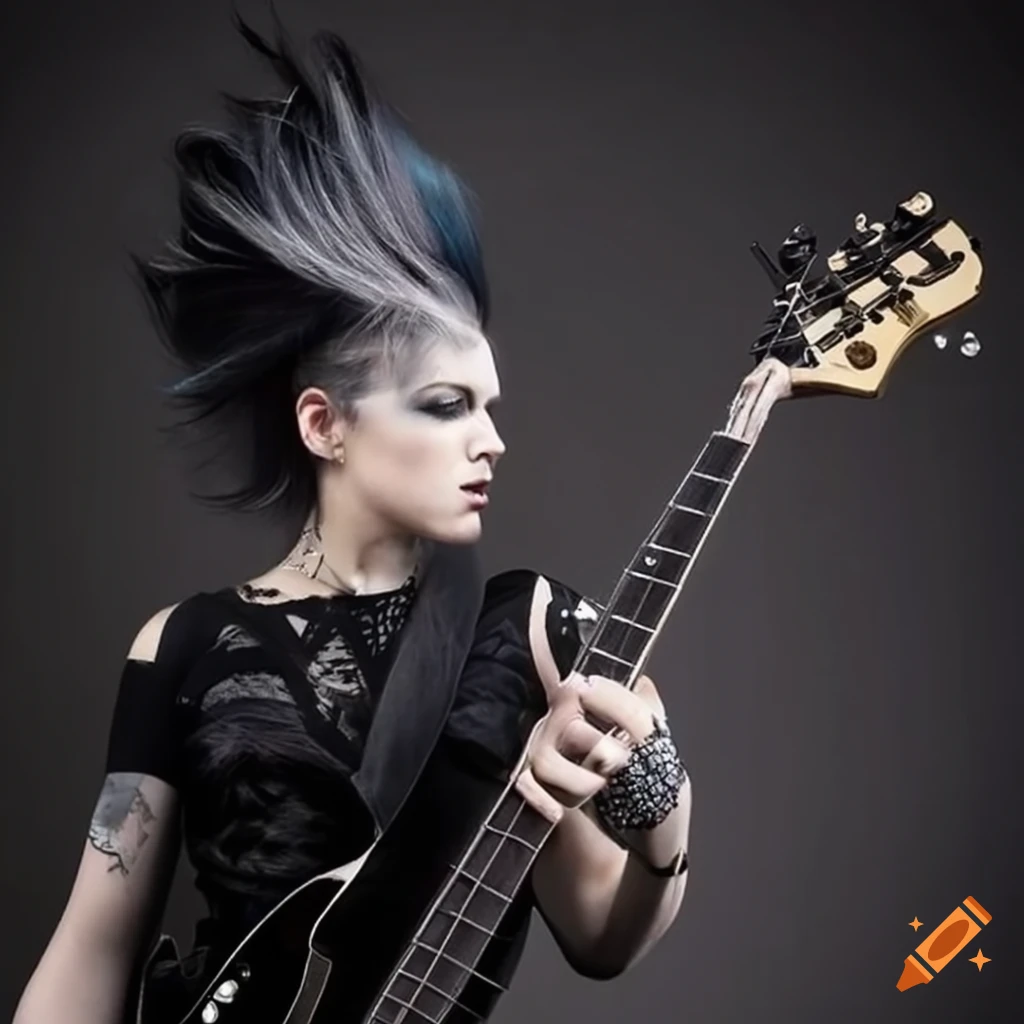 Futuristic female bass guitar player with gothic haircut on Craiyon