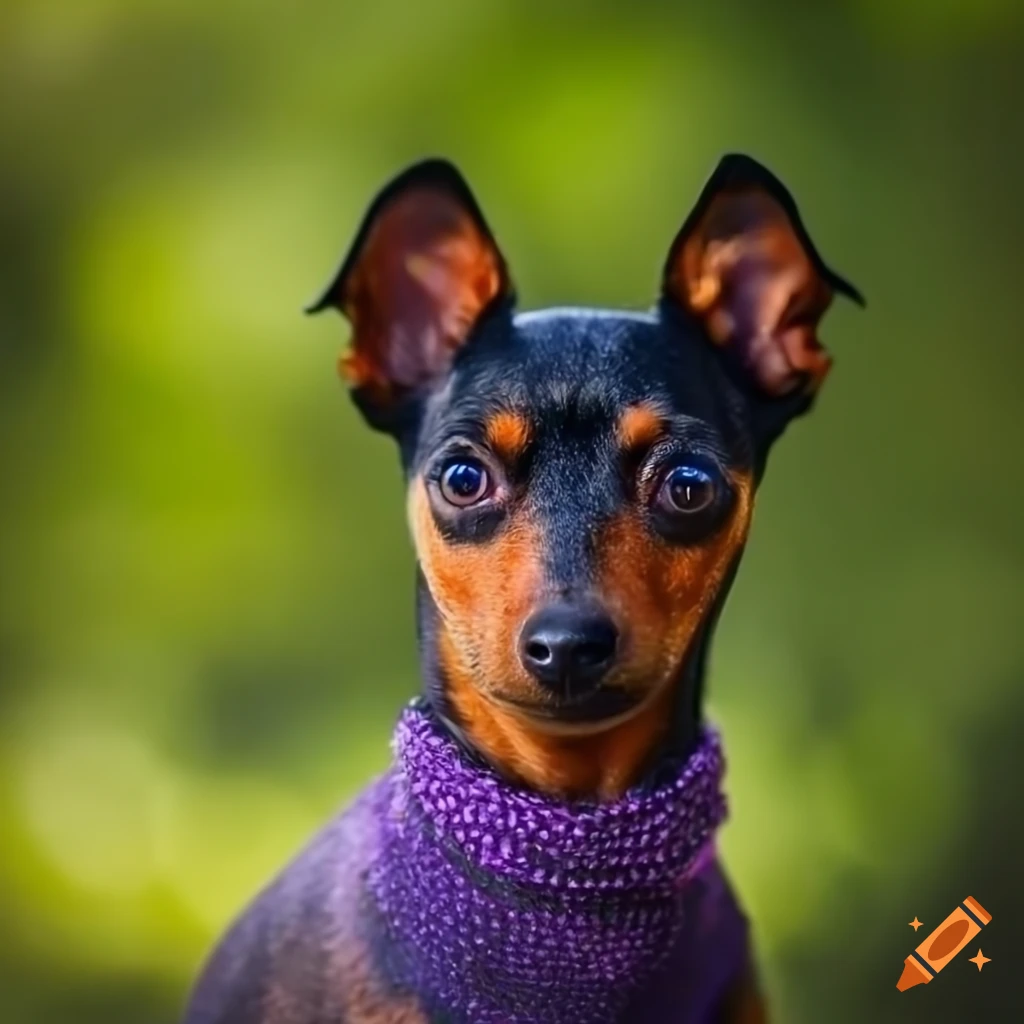 miniature pinscher in a lavender garden