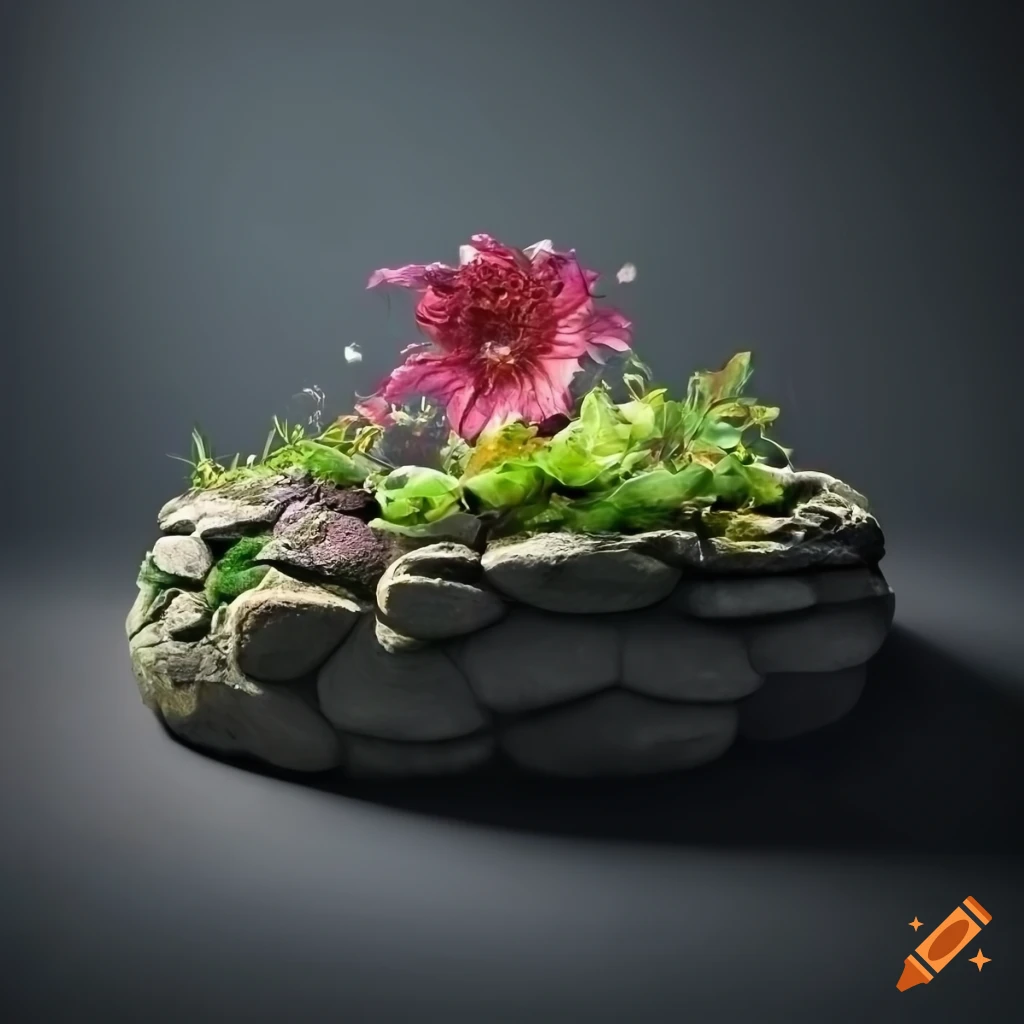 weird flowers in a raised terrarium stone bed