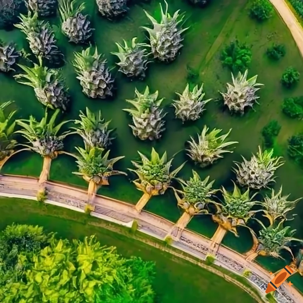 Aerial view of a green plant architecture with huge arches