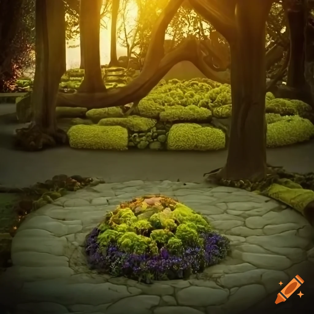 Biomorphic stone bed garden with fantasy city backdrop on Craiyon