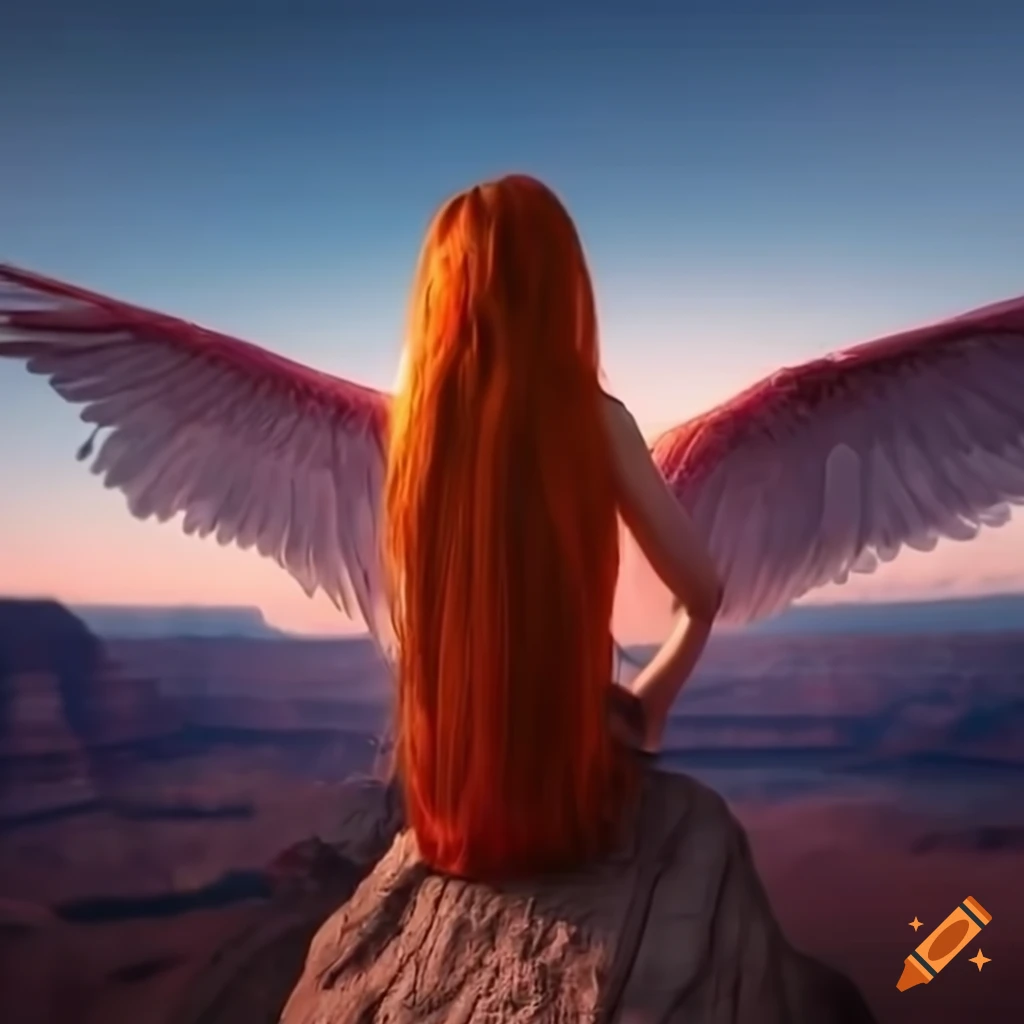red-haired girl with wings flying over a canyon