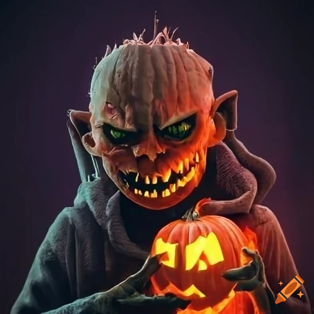 Halloween street with evil pumpkin lights