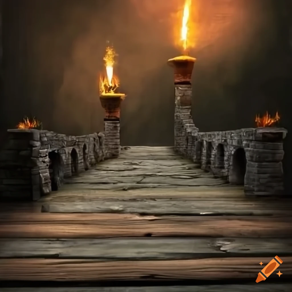stone bridge with torches and wooden tables
