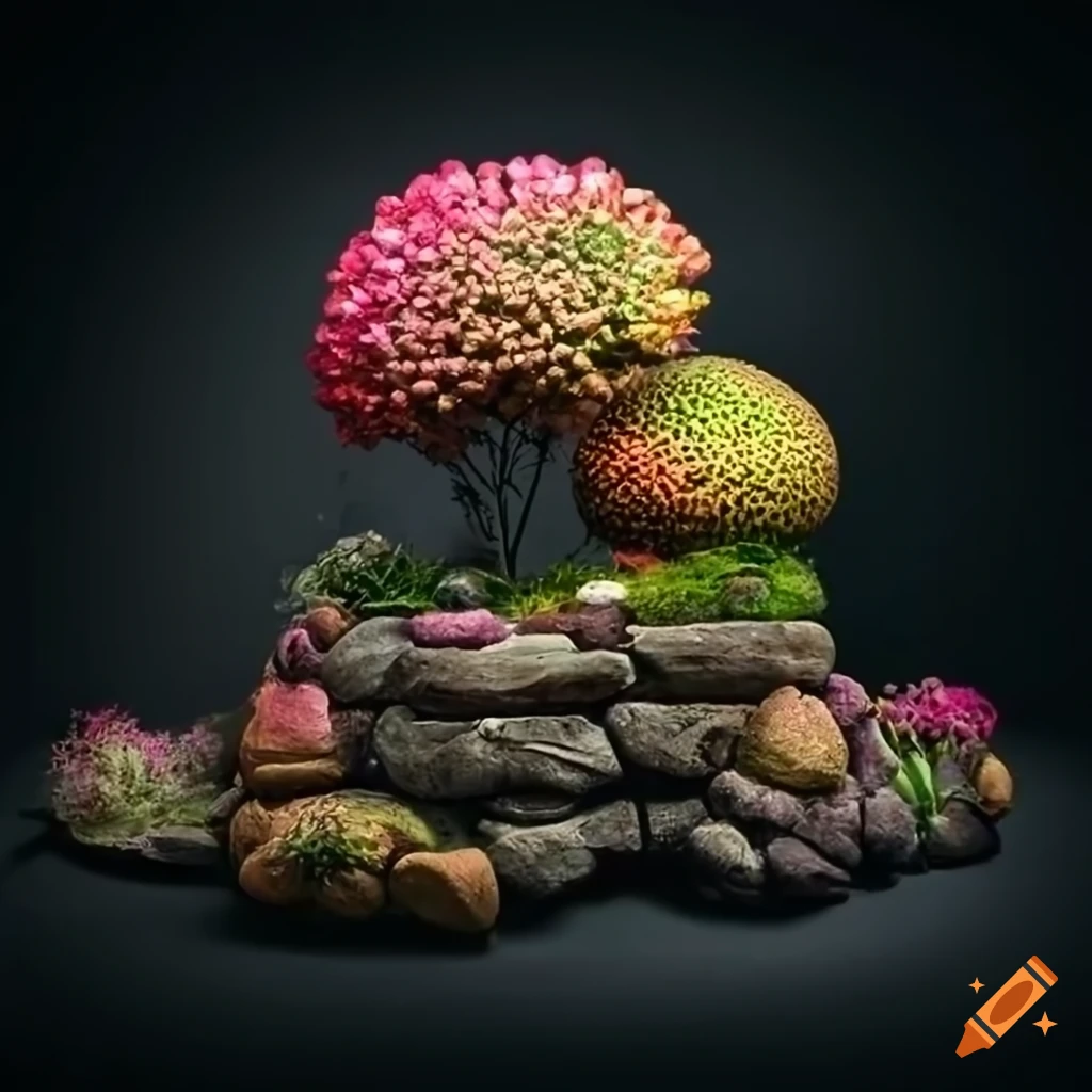 weird flowers in a raised terrarium stone bed