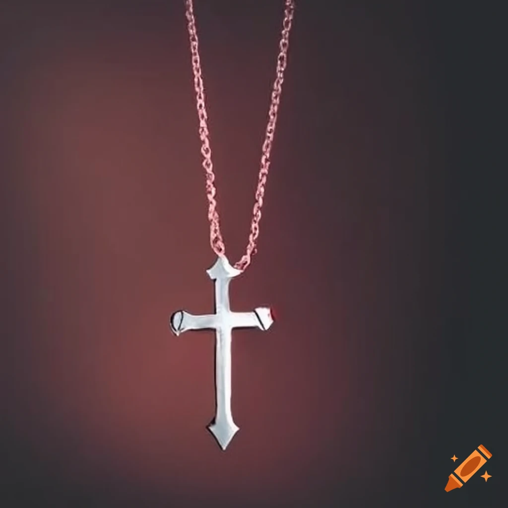 hand holding a red necklace with a silver cross pendant