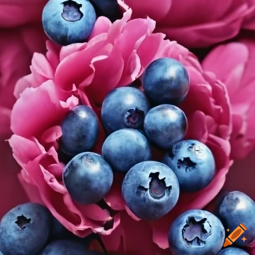 Close up of blueberries and peony on Craiyon, image size:1024x1024