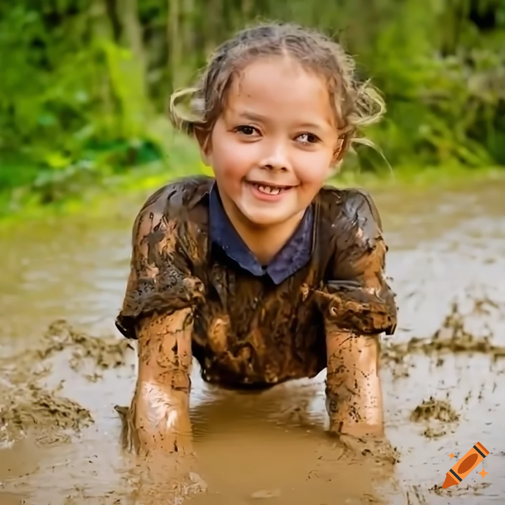Happy little girl covered in mud on Craiyon