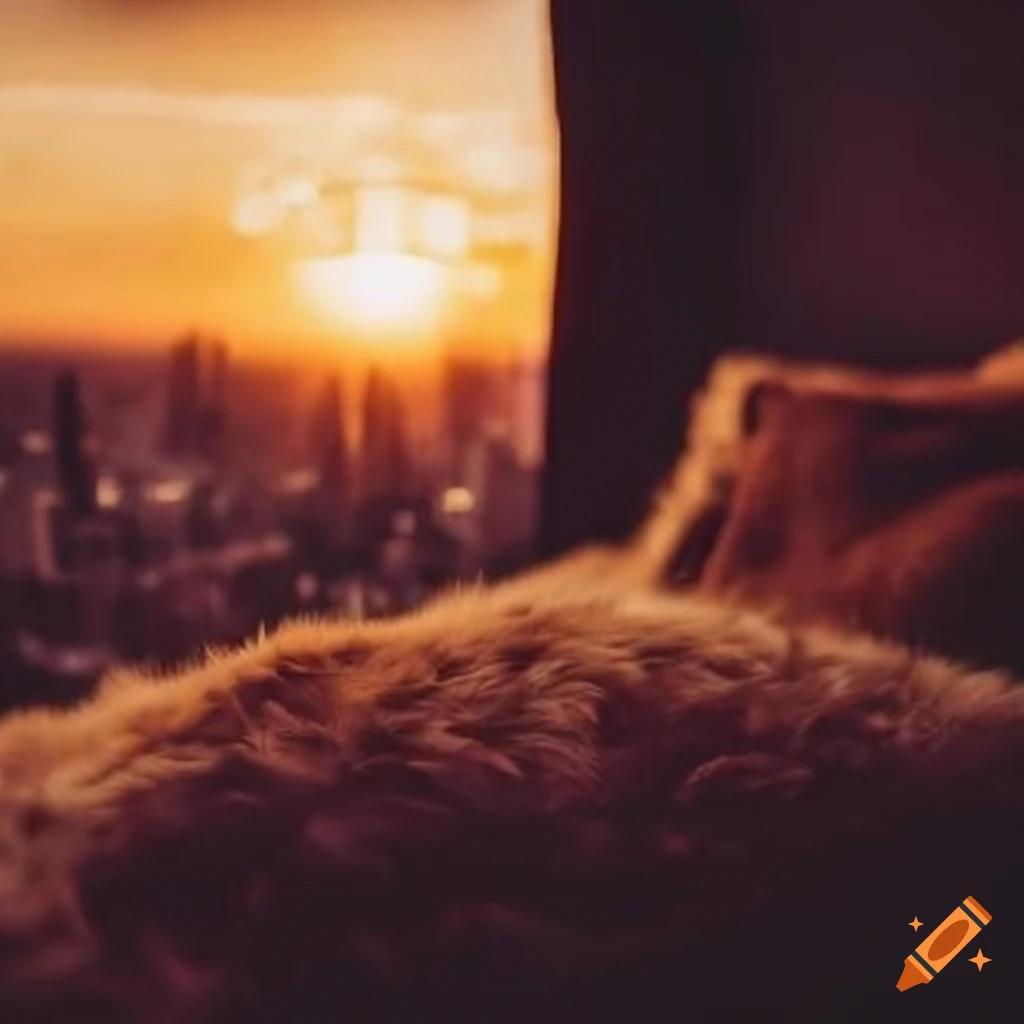cozy bohemian bedroom with city skyline sunset view