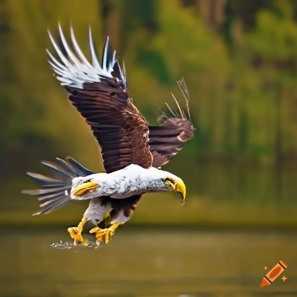 Eagle catching fish in midair on Craiyon