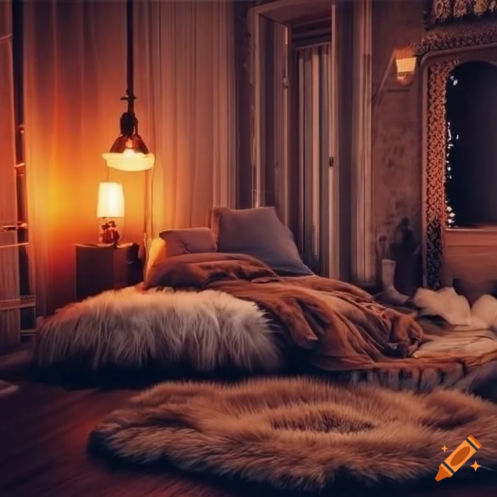 cozy and romantic bohemian bedroom with city skyline sunset view