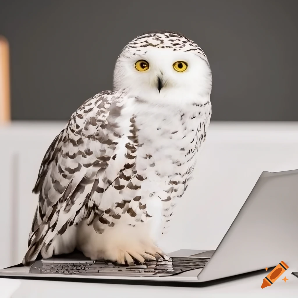 Office desk with laptop and small snowy owl on Craiyon