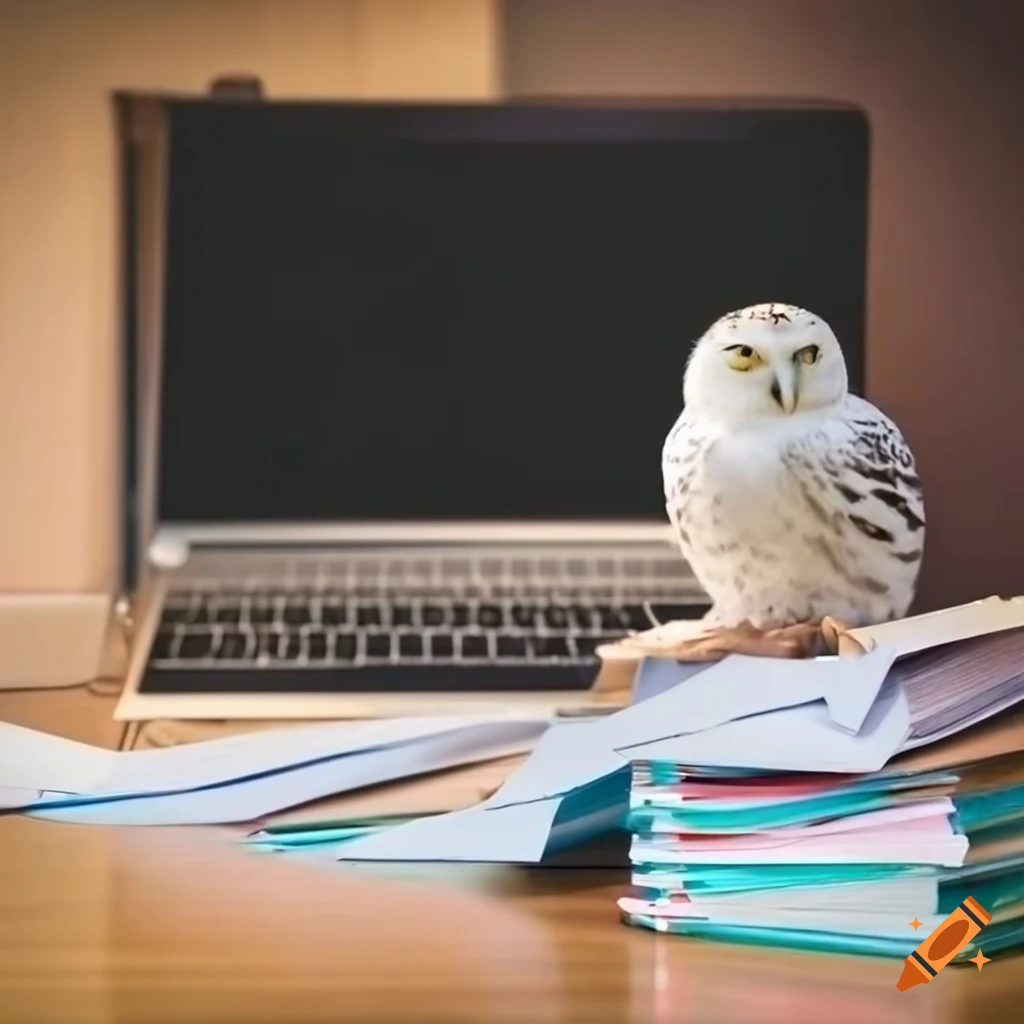office desk with laptop and small snowy owl