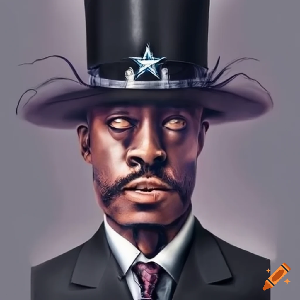 Illustration of a mysterious man in a black suit and cowboy hat on Craiyon