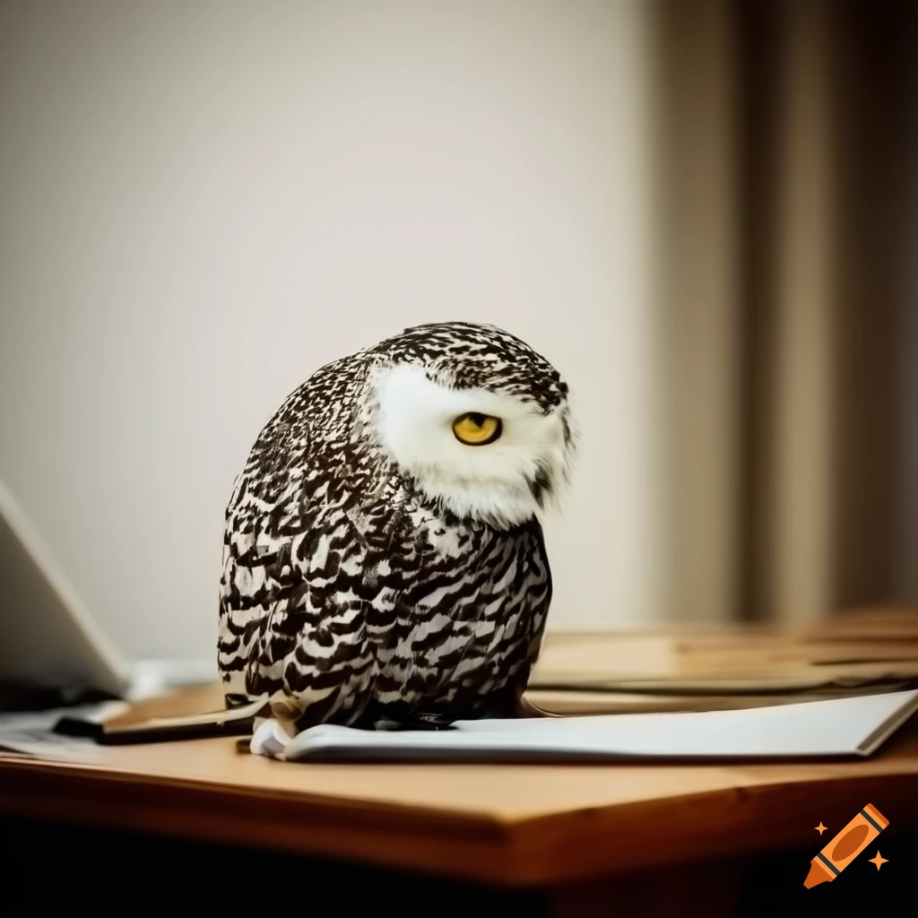 Office desk with laptop and small snowy owl on Craiyon