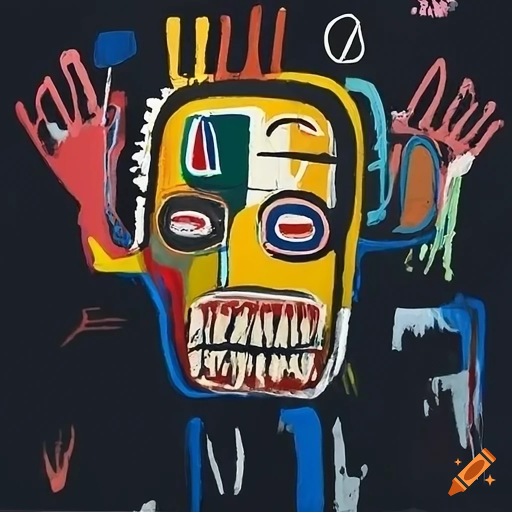 Painting of basquiat symbols with raised hands