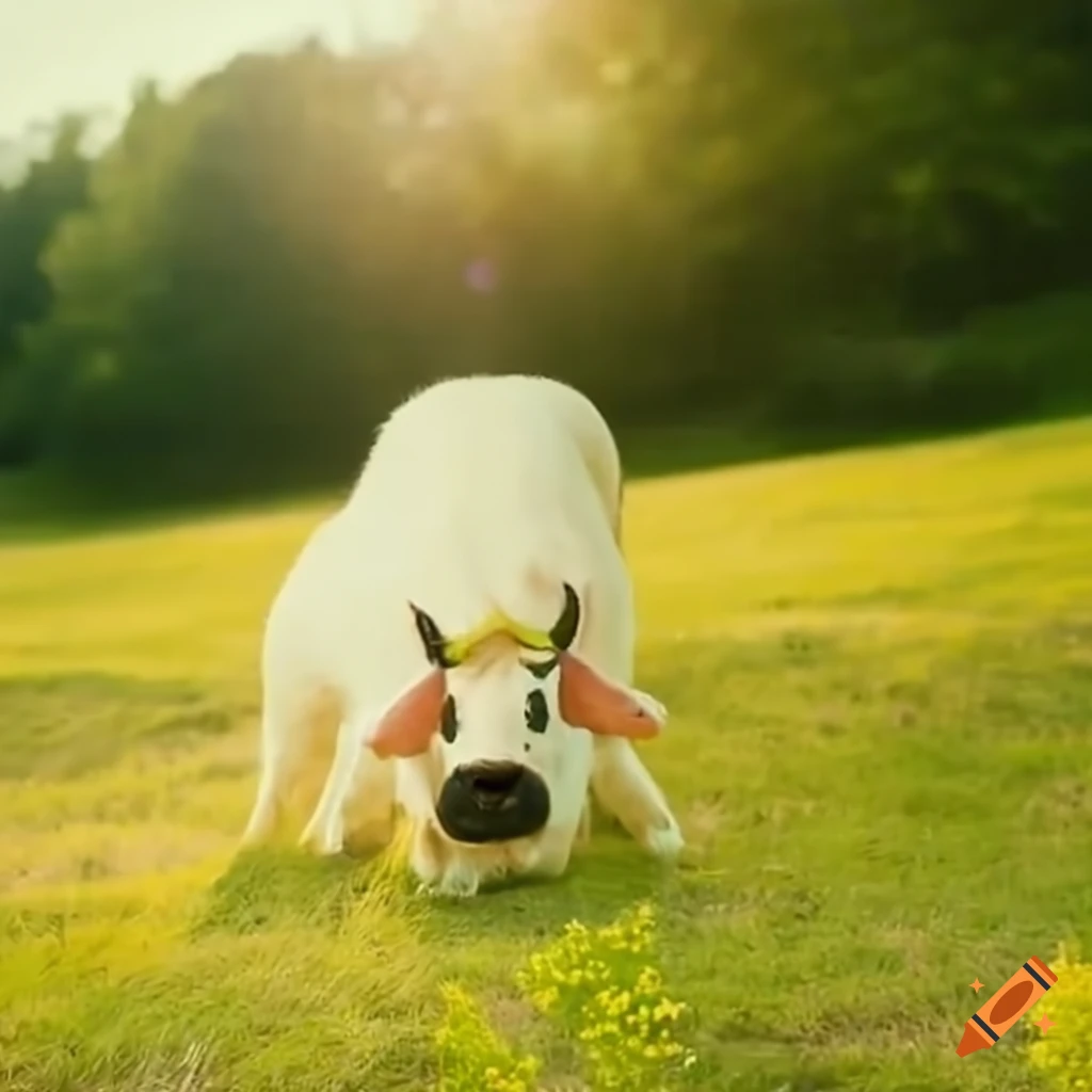 Teletubbie cow grazing in the meadow