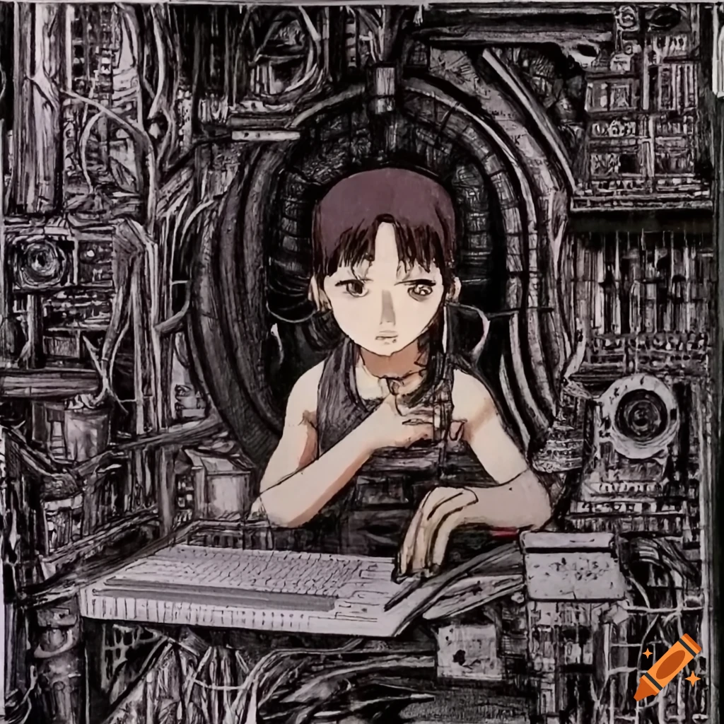 Cyberpunk artwork of serial experiments lain at her computer desk