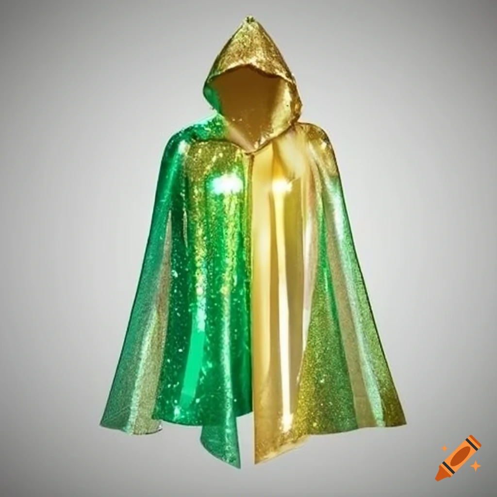 Sparkly green and gold hooded cape on white background on Craiyon