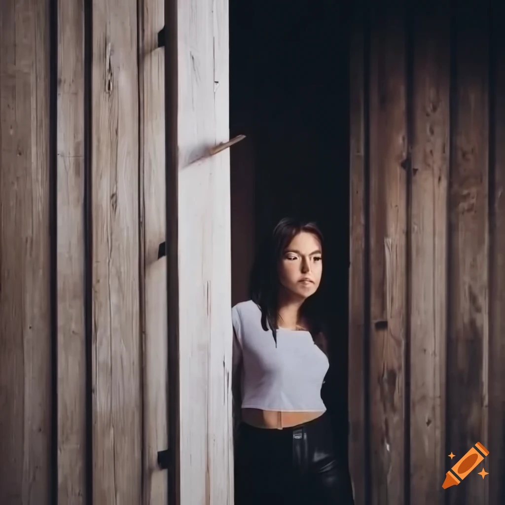 side view of a model in a barn wearing a crop top and leather trousers