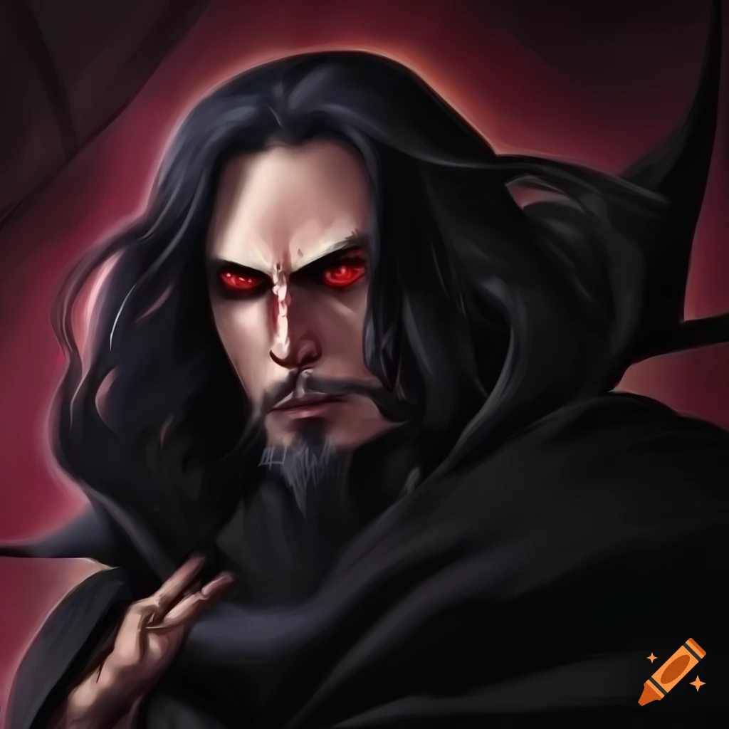 Image of a dark magician with red eyes and black robe on Craiyon