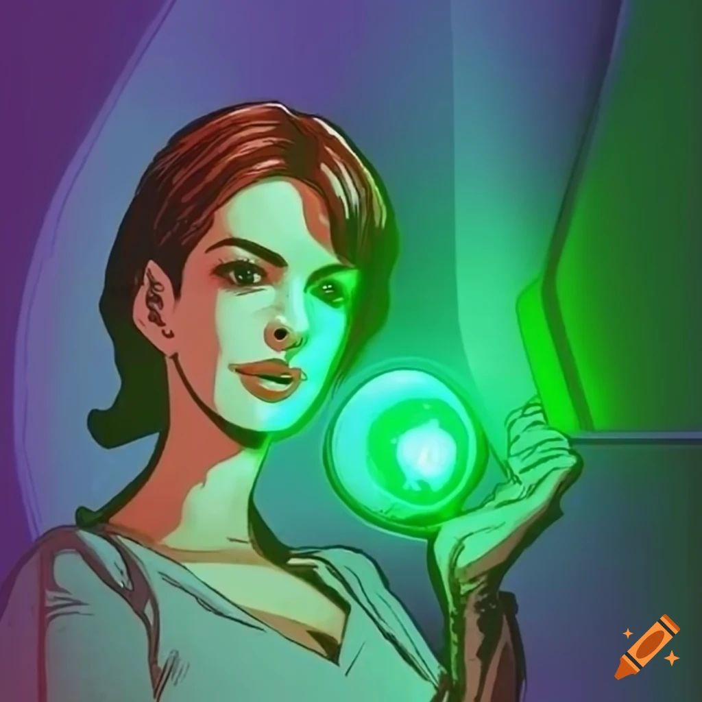 Retro comic-style artwork of anne hathaway as a doctor in star trek