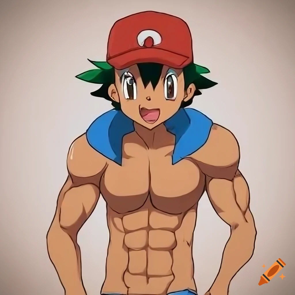 anime-style artwork of muscular Ash Ketchum