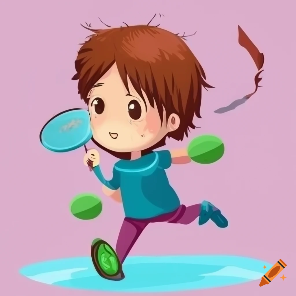 chibi character playing disc golf