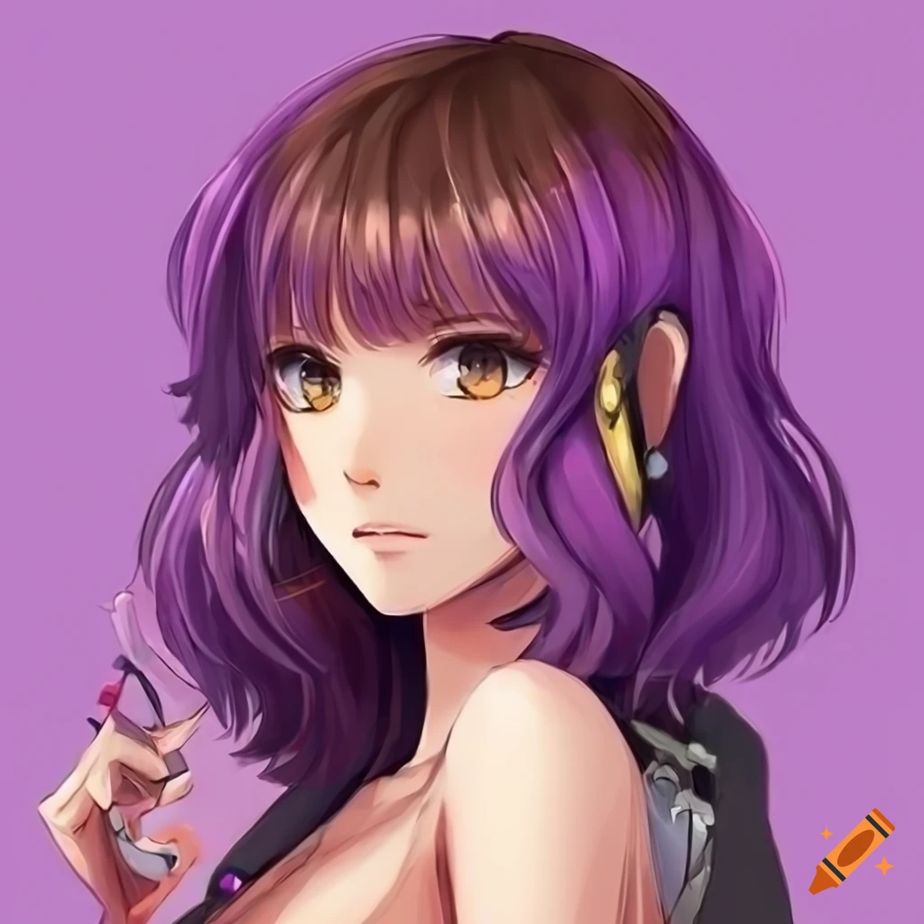 anime style depiction of a gamer girl with brown and purple hair