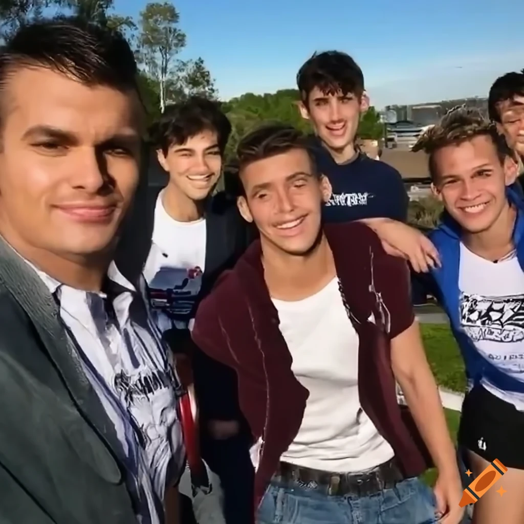 group selfie of college friends on campus