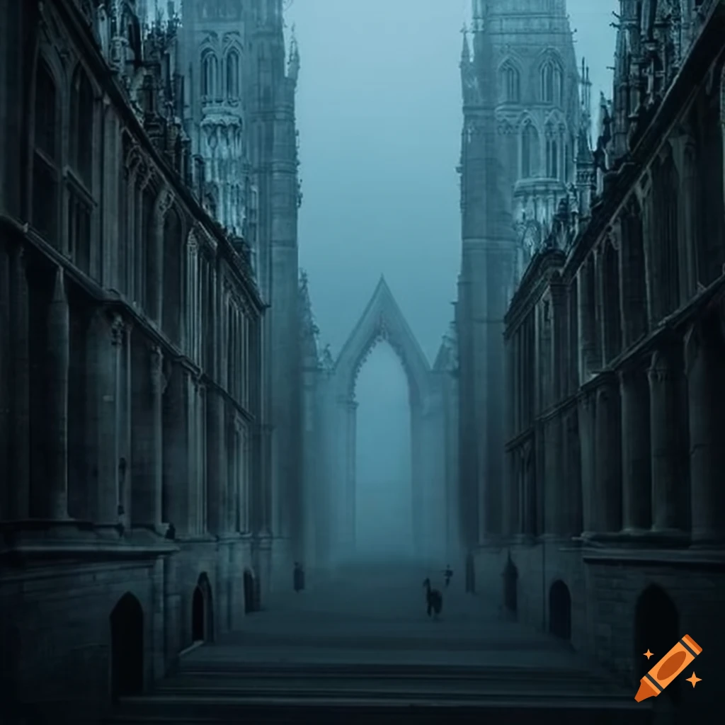 gothic cathedral in a foggy city