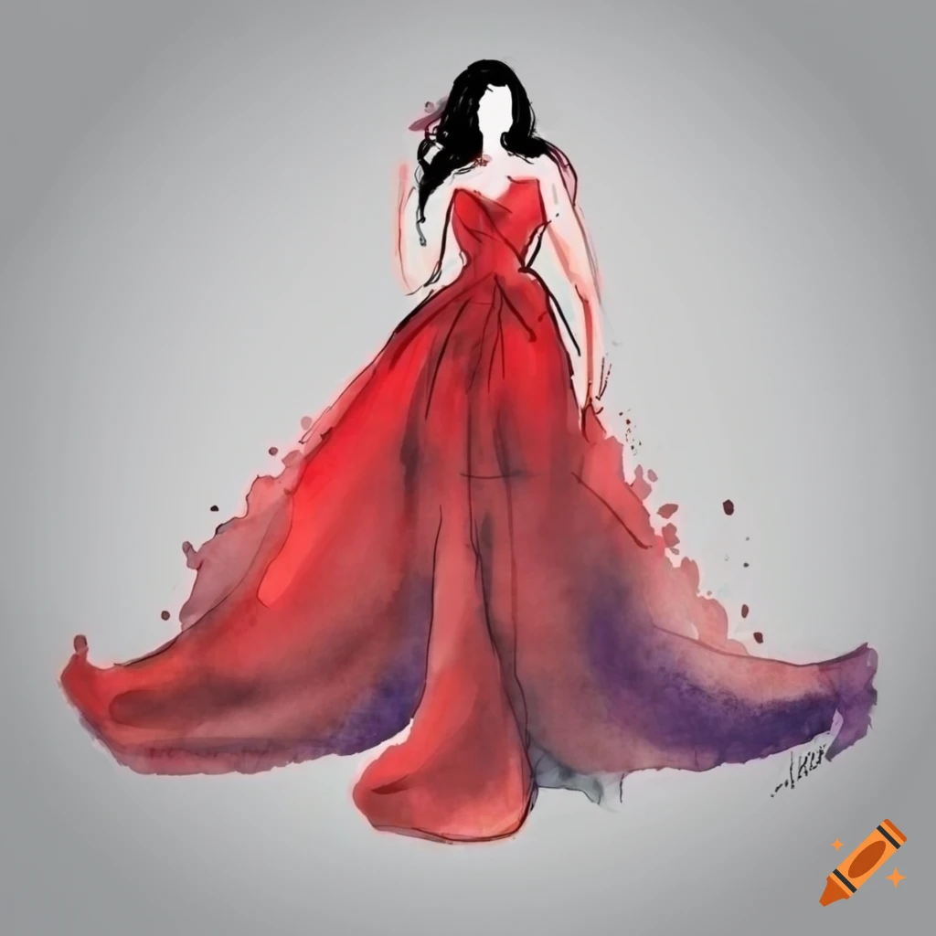 Minimalistic sketch of a woman in a red evening gown on Craiyon