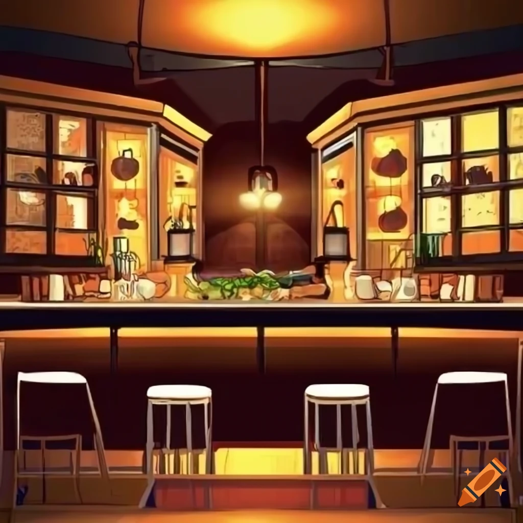 Illustration of a restaurant with bar and spacious kitchen on Craiyon