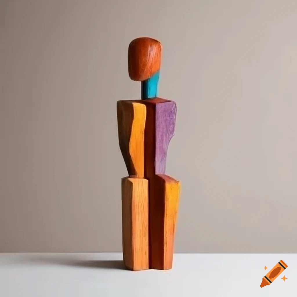 minimalist cubist doll sculpture made of painted wood