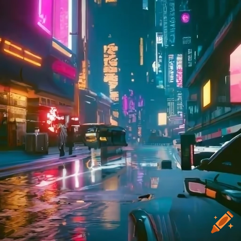 cyberpunk image with night city and cars on the streets