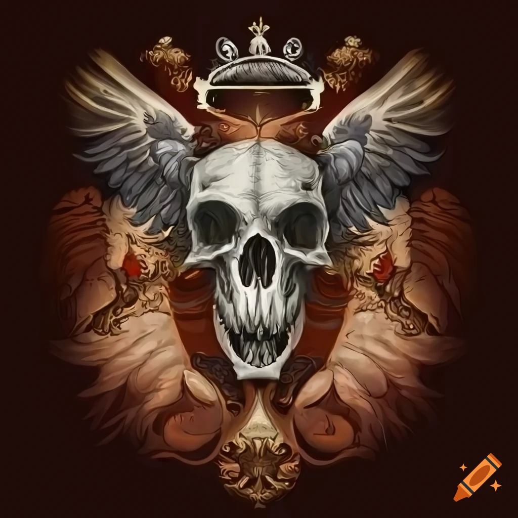coat of arms with wolf skull and raven spreading wings
