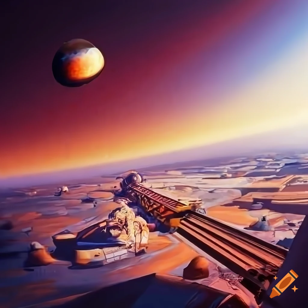 retro space themed train station with astronauts and business men