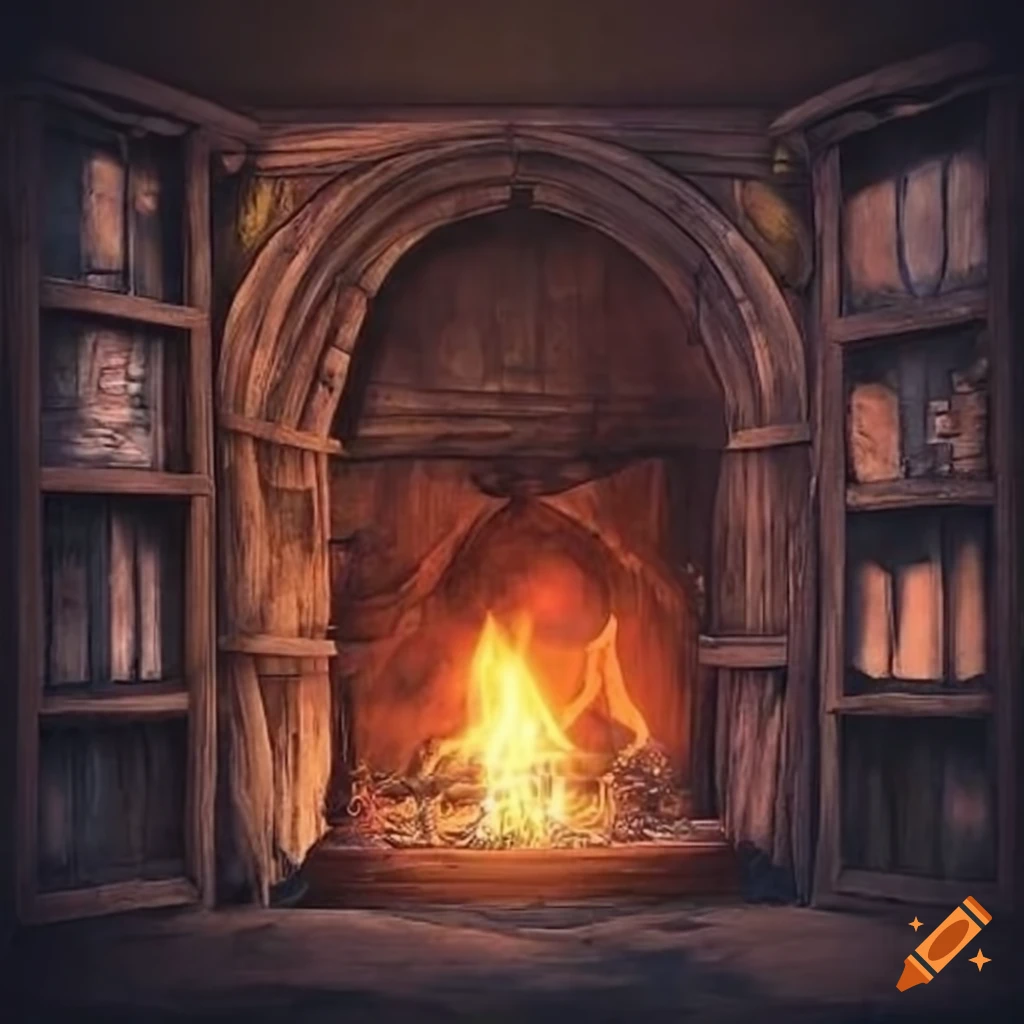 Image of a mysterious cabin with a flickering fire and shelves filled ...