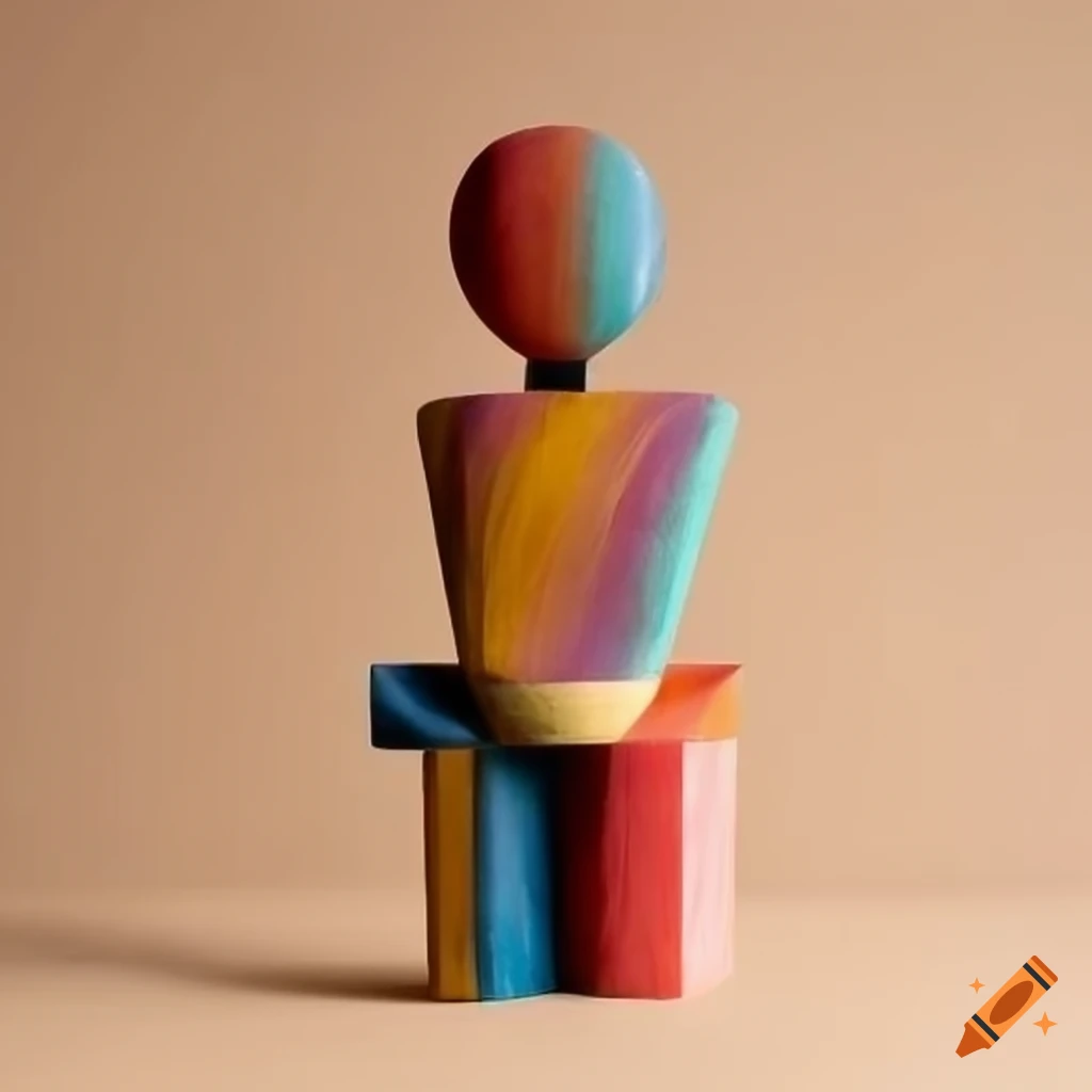 minimalist cubist doll sculpture made of painted wood
