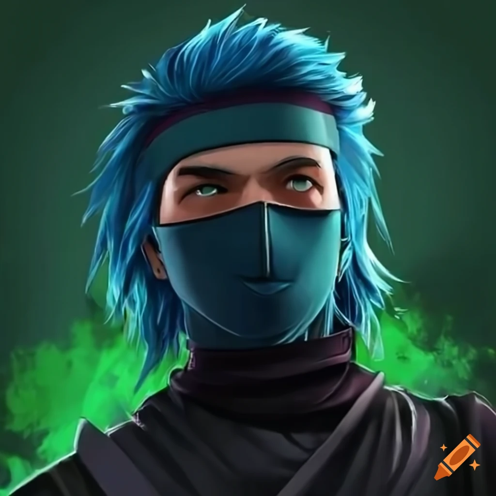 Image of a blue haired ninja in action with a katana on Craiyon
