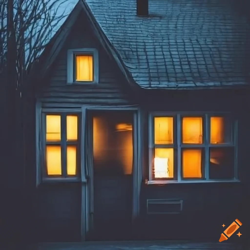 cozy house with a glowing window in the evening