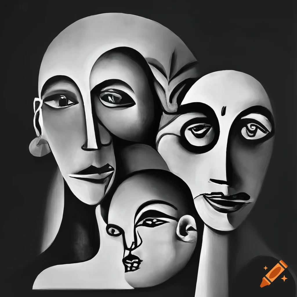 Modern cubism painting with three faces in black beige and brown