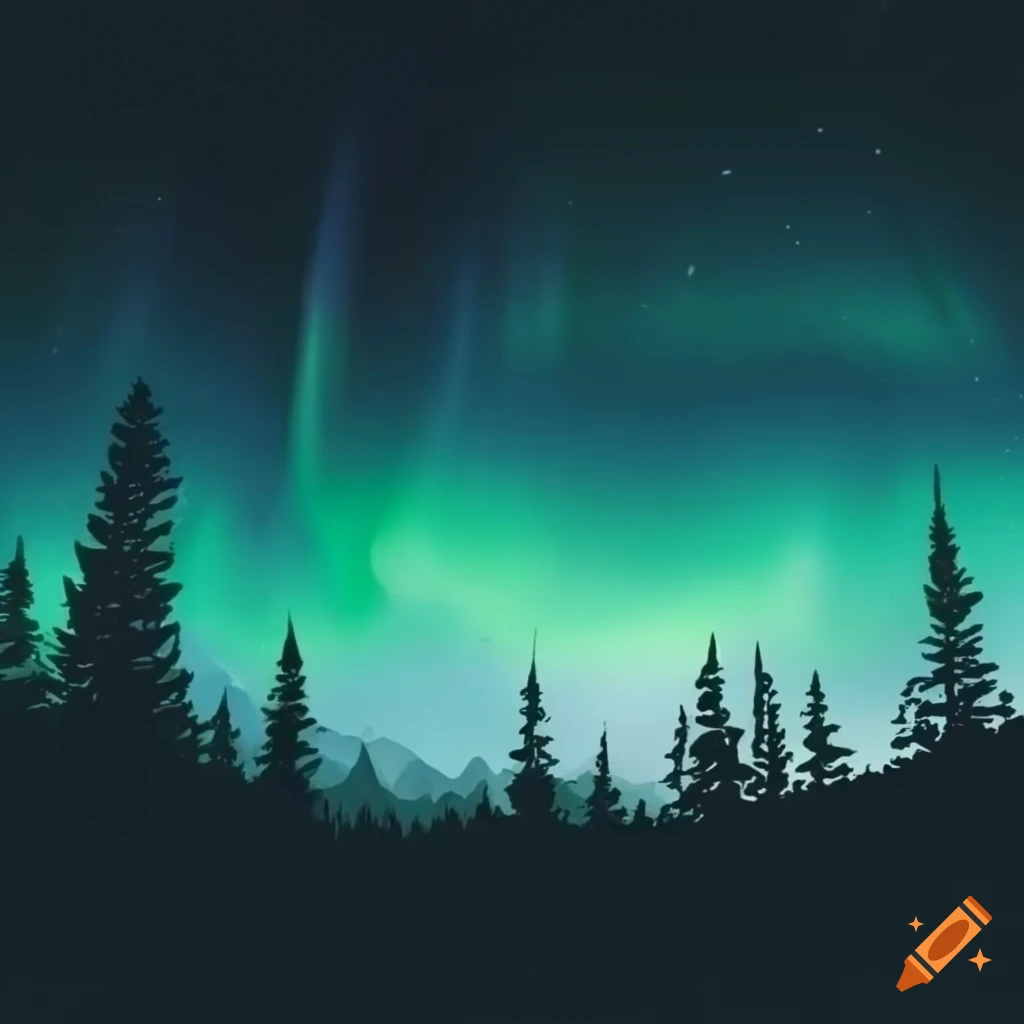 Premium Vector | Snowy landscape view behind rock with northern lights  aurora hand drawn painting illustration