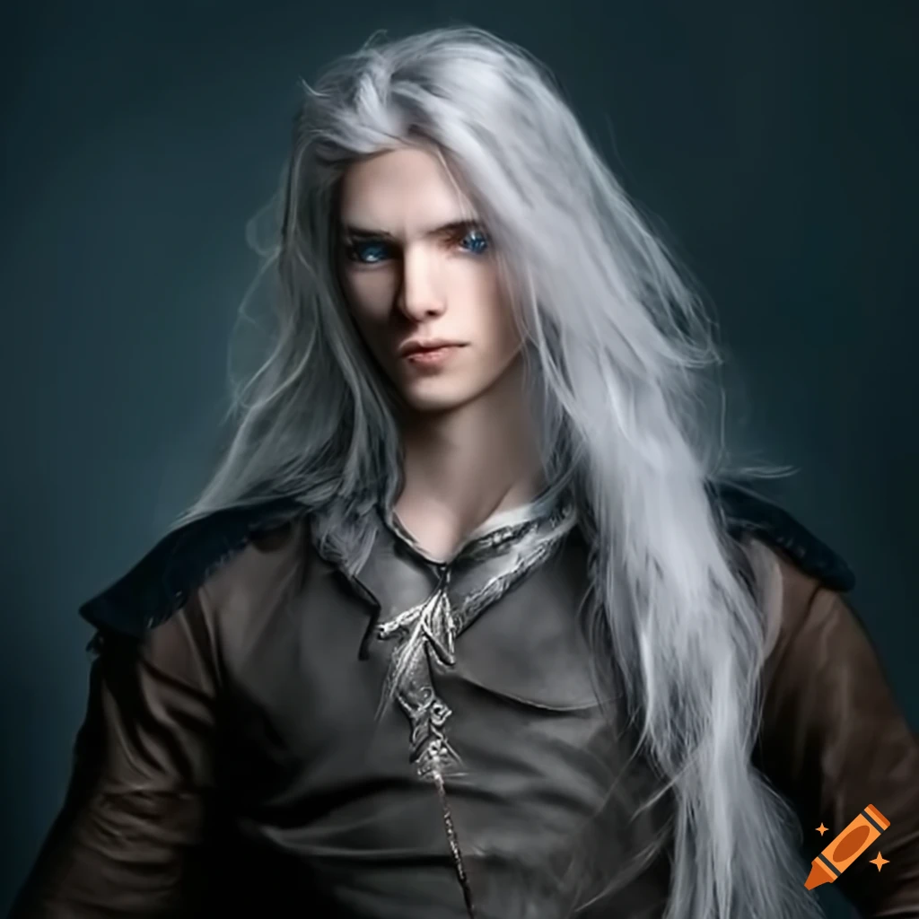 portrait of a male elf with silver hair and blue eyes