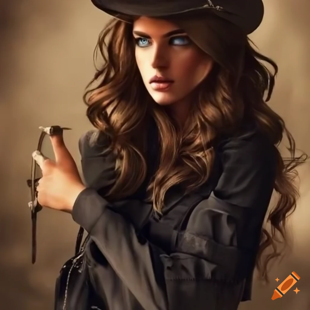 fashionable cowgirl with black attire and blue eyes