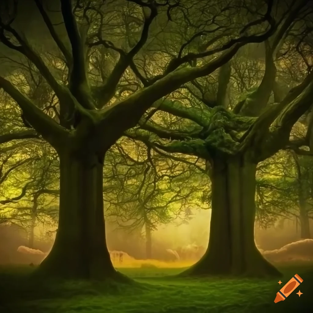 photo of enchanted oak and beech trees in a magical forest