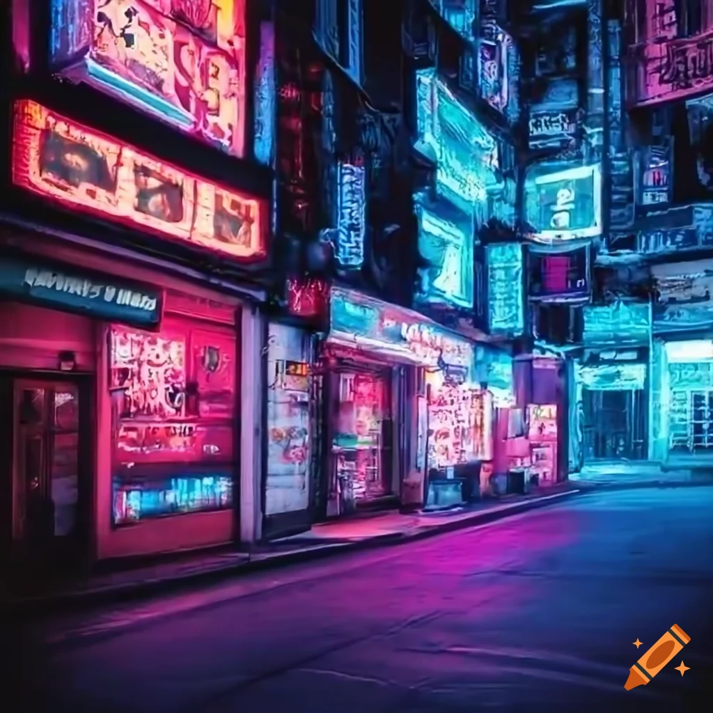 Neon-lit cyberpunk street with a store and a laundromat on Craiyon